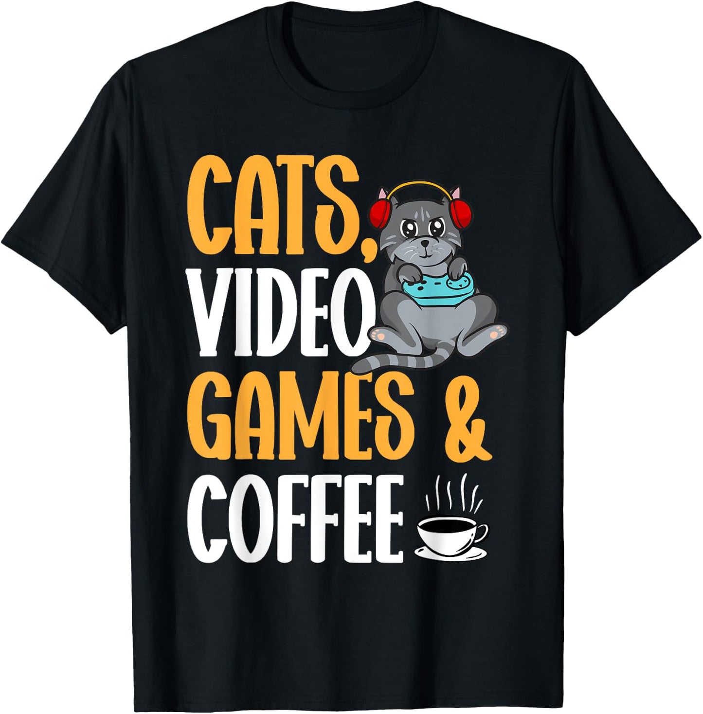Cats Video Games Coffee Video Gamer Cat Gaming Women T-Shirt - T-Shirt | Black