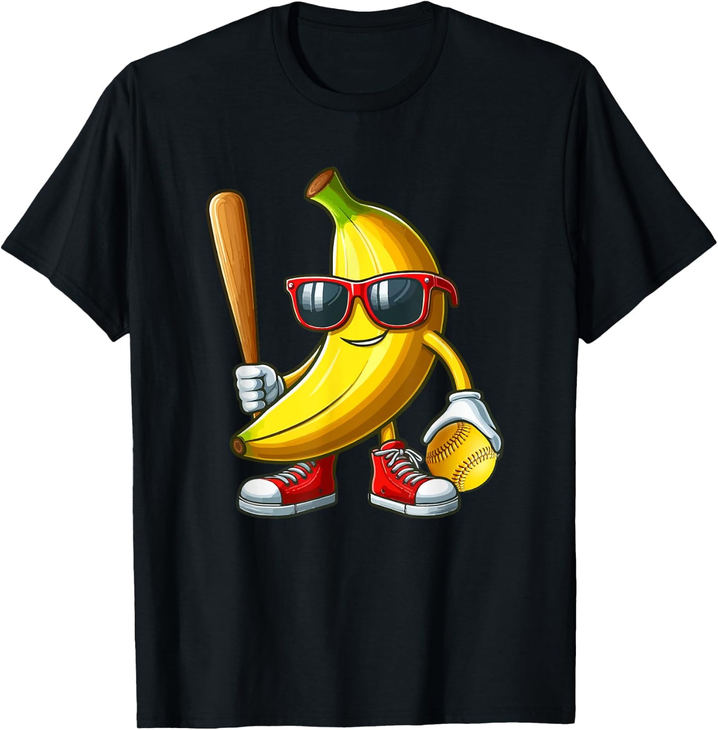 Banana Sunglasses Playing Softball Funny Fruit Sport Player T-Shirt - T-Shirt | Black