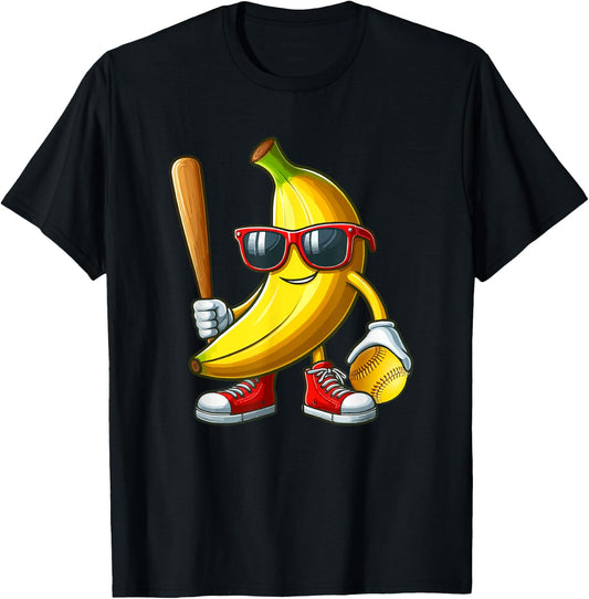 Banana Sunglasses Playing Softball Funny Fruit Sport Player T-Shirt - T-Shirt | Black