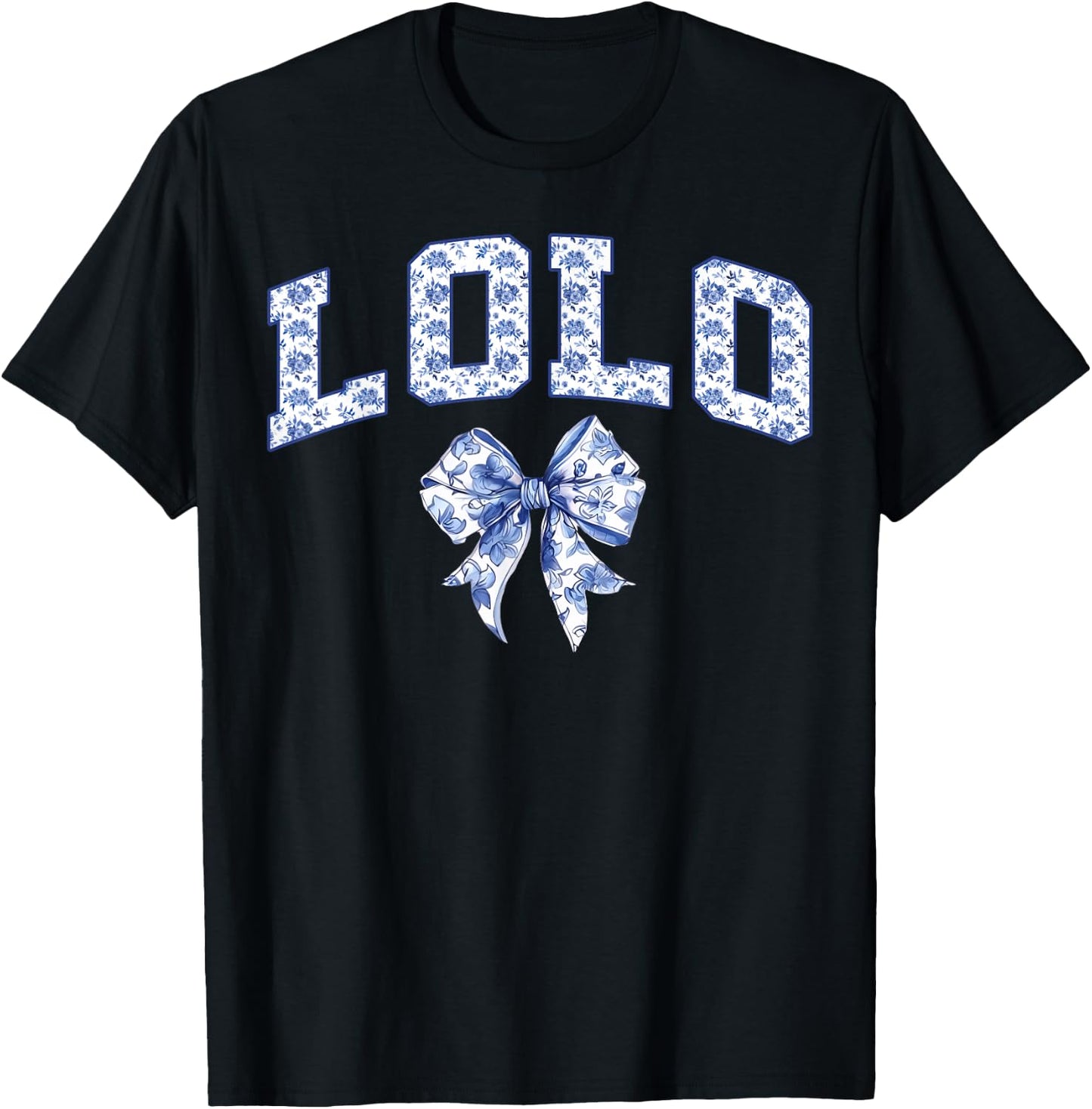 Lolo Coquette Toile Blue Bow Floral Family Matching T-Shirt - T-Shirt | Black