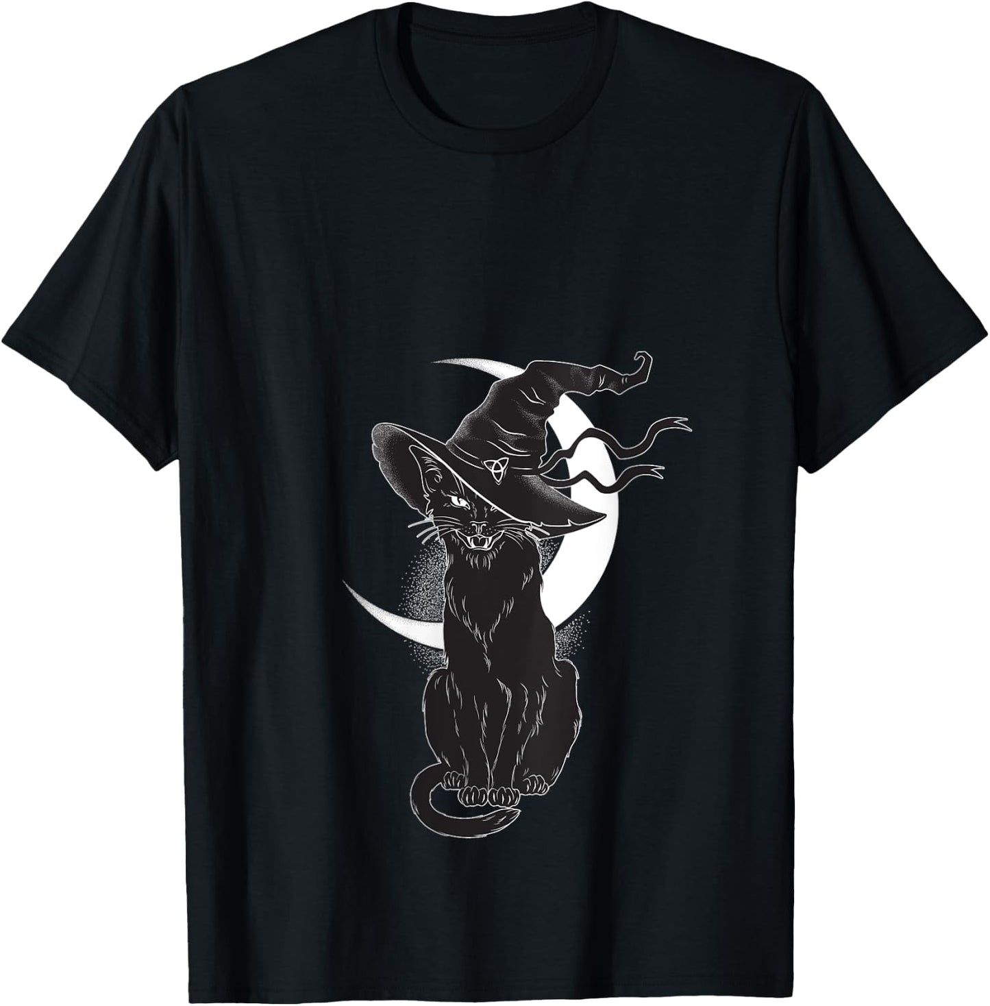 Vintage Scary Halloween Black Cat Costume Witch Hat & Moon V-Neck T-Shirt - T-Shirt | Black