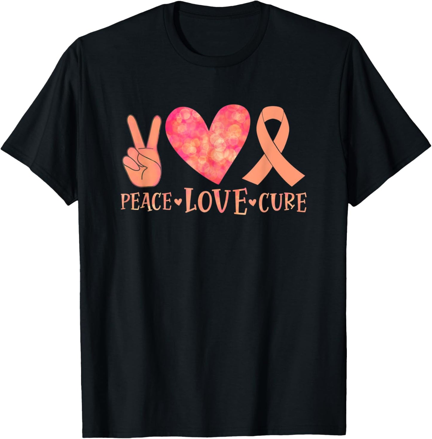 September Uterine Cancer Awareness Peace Love Cure Peach T-Shirt - T-Shirt | Black