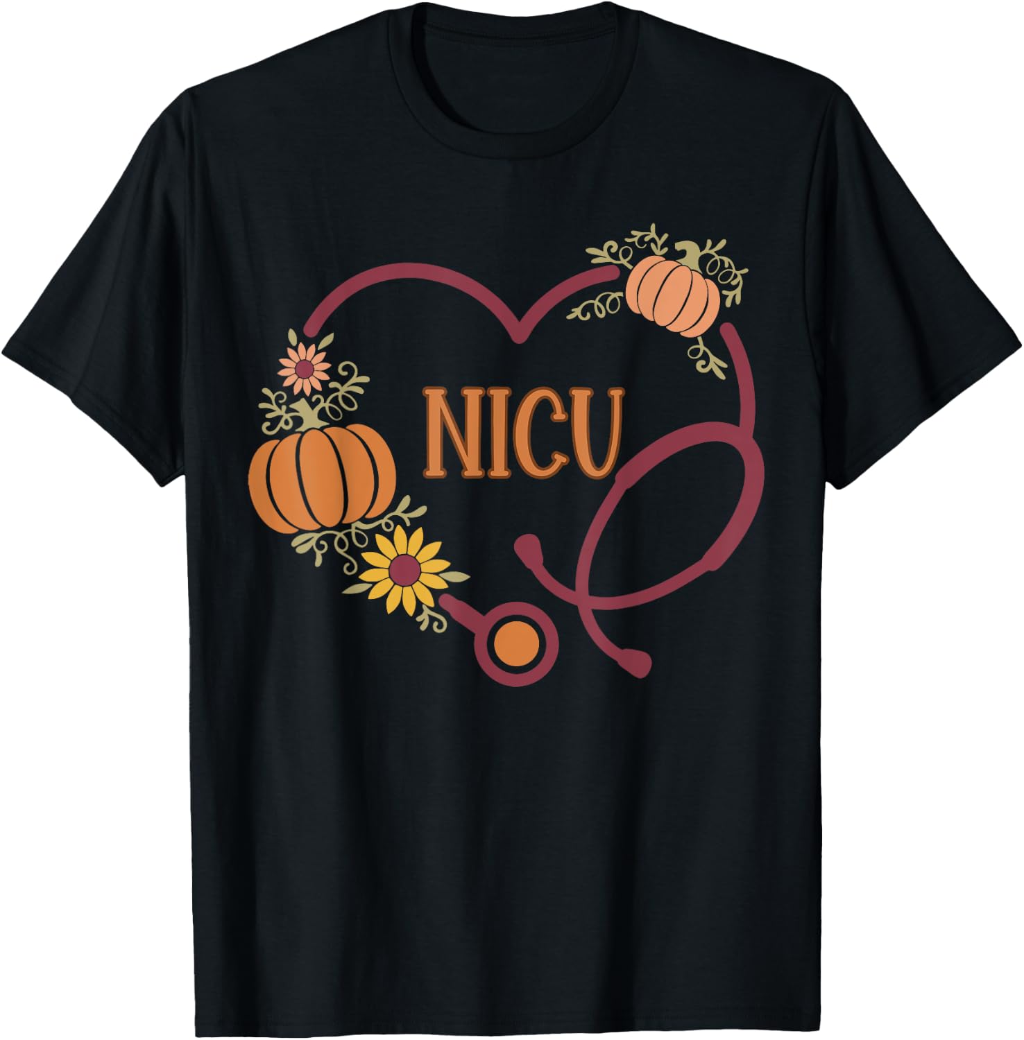 Retro NICU Nurse Stethoscope Heart Pumpkin Fall Thanksgiving T-Shirt - T-Shirt | Black