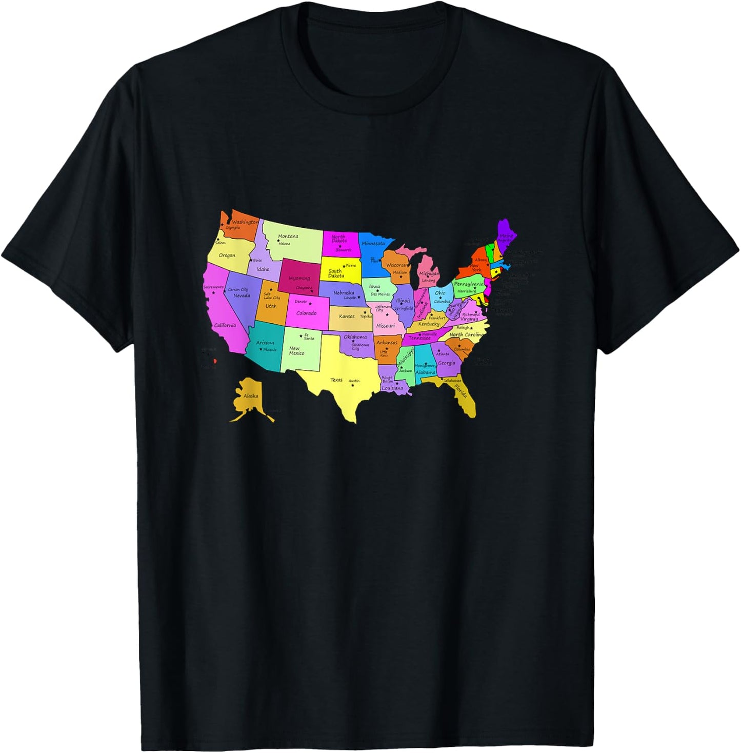 States & Capitals Colorful USA Map School Geography T-Shirt - T-Shirt | Black