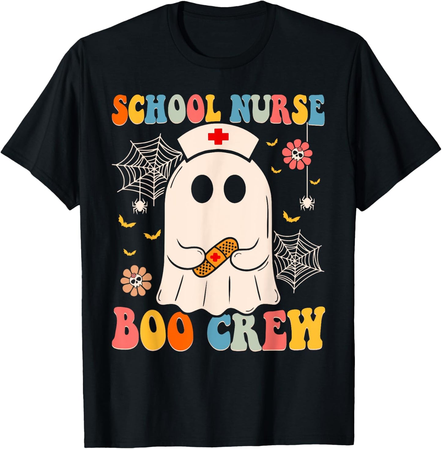 Groovy School Nurse Boo Crew Nurse Funny Ghost Halloween T-Shirt - T-Shirt | Black