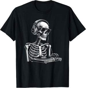 Skeleton DJ Lazy Halloween Costume Headphones Disc Jockey T-Shirt - T-Shirt | Black