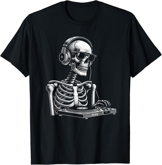 Skeleton DJ Lazy Halloween Costume Headphones Disc Jockey T-Shirt - T-Shirt | Black
