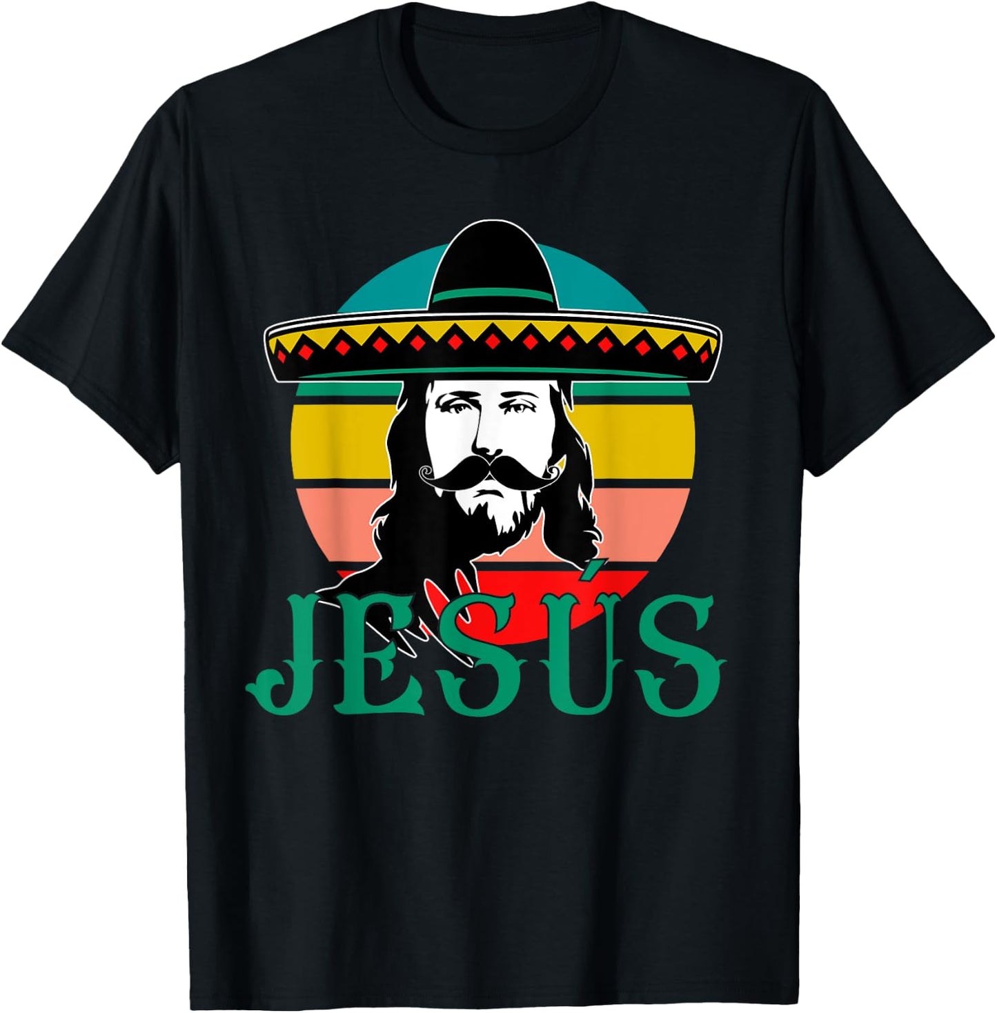 Mexican Jesus Wearing Sombrero Jesús Cristo Fiesta Retro T-Shirt - T-Shirt | Black