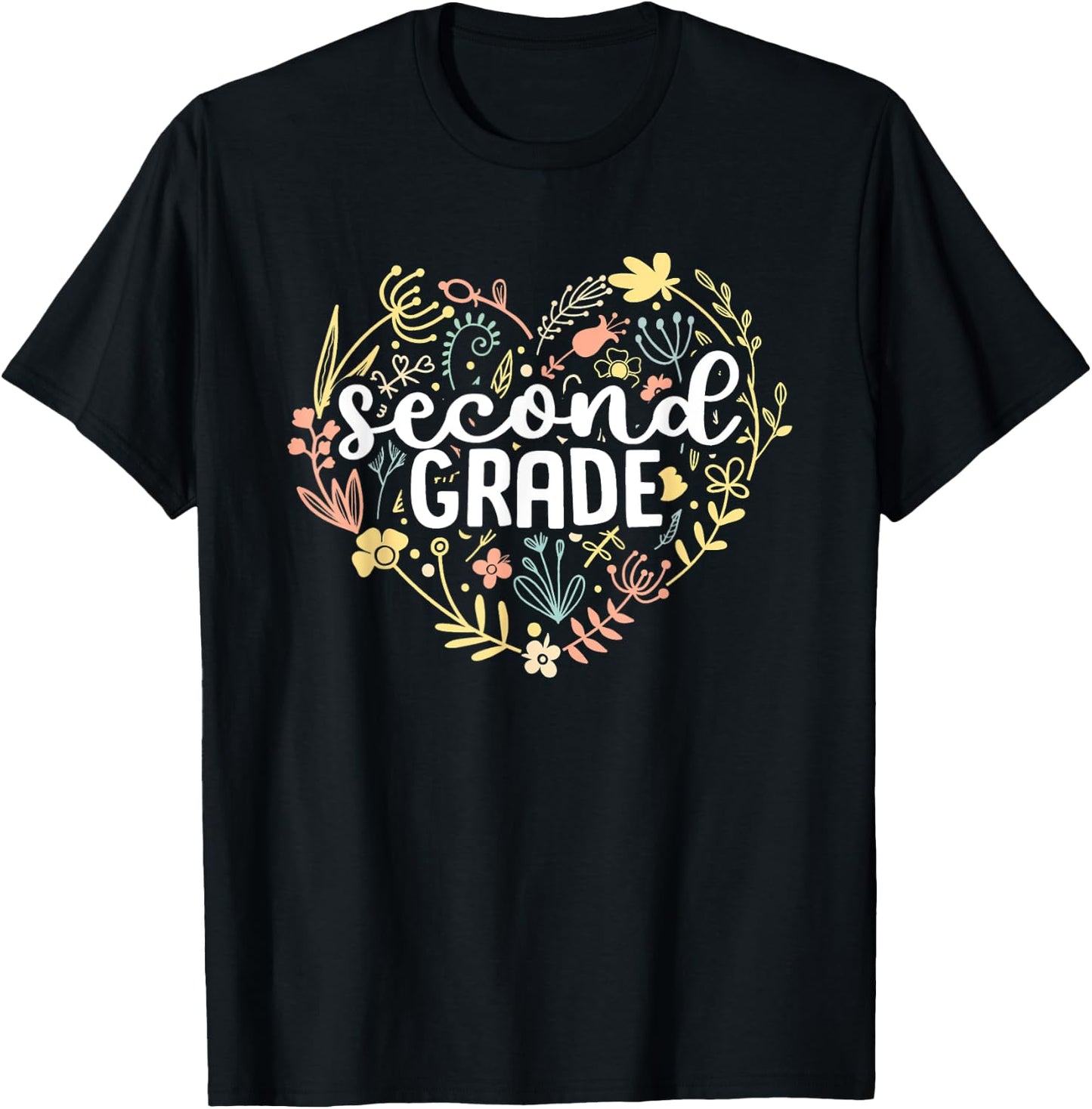 2nd Second Grade Floral Heart Back To School Teacher Girls T-Shirt - T-Shirt | Black