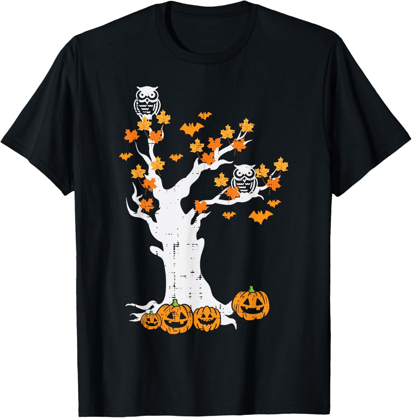 Halloween Tree Owl Leaves Pumpkin Fall Costume Women Kid Men T-Shirt - T-Shirt | Black