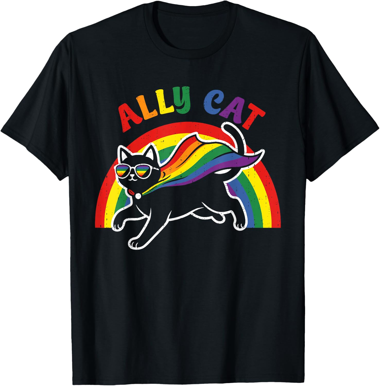 Cat Gay Pride Ally Rainbow Sunglasses LGBTQ Men Women Kids T-Shirt - T-Shirt | Black