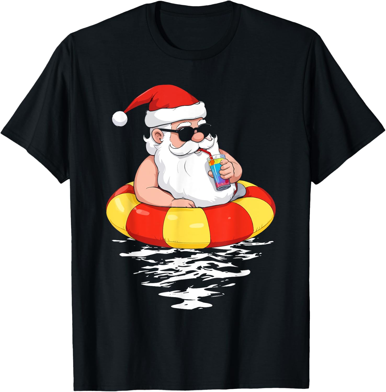 Summer Christmas in July Tropical Santa On Pool Summer Santa T-Shirt - T-Shirt | Black