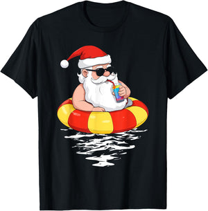 Summer Christmas in July Tropical Santa On Pool Summer Santa T-Shirt - T-Shirt | Black