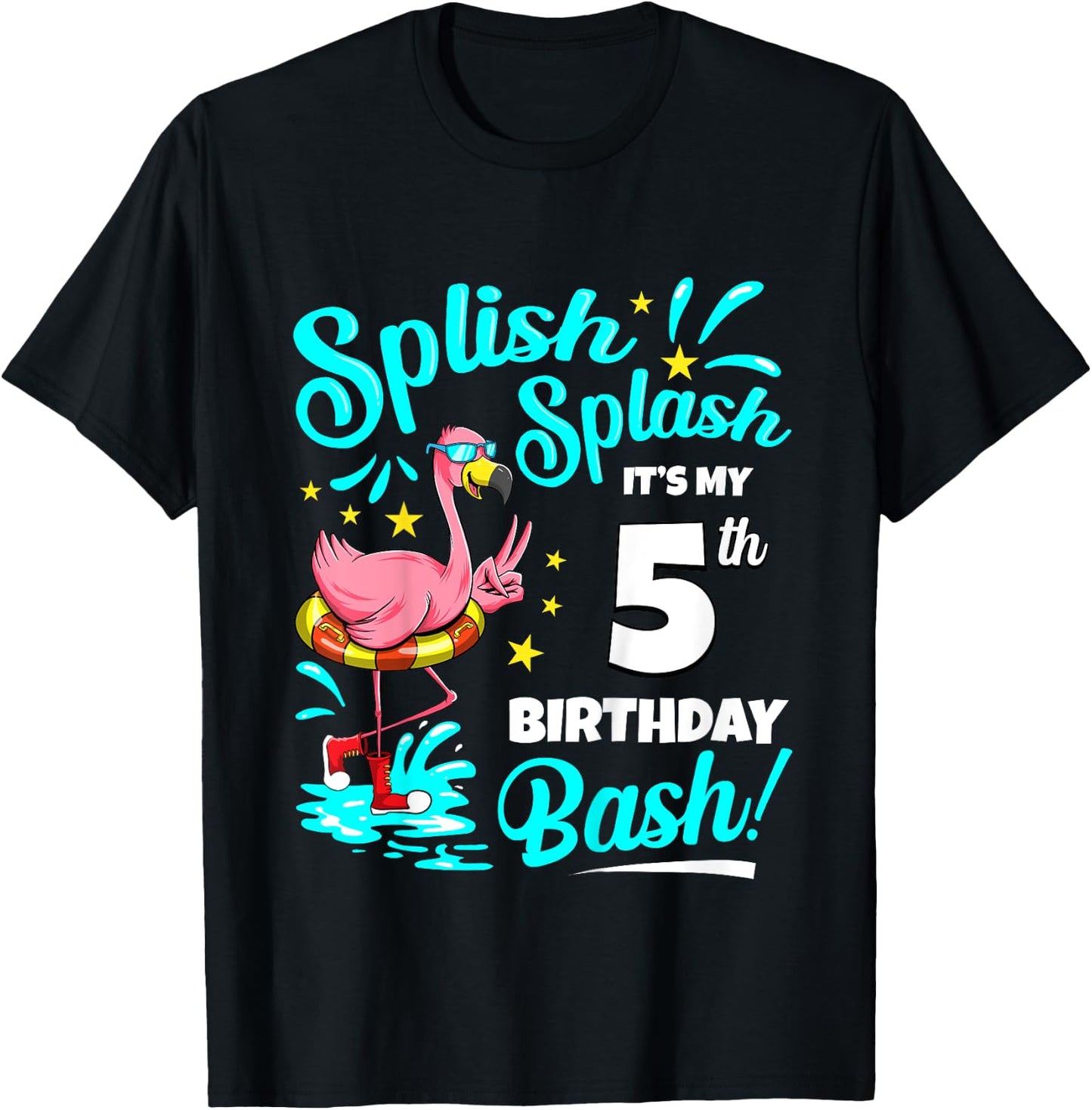 5th Birthday Flamingo 5 Years Old Pool Party Summer T-Shirt - T-Shirt | Black