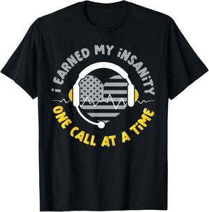 911 Dispatcher Thin Gold Yellow Line American Flag I Earned T-Shirt - T-Shirt | Black