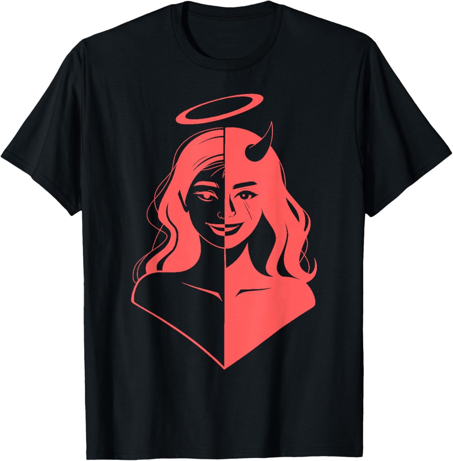 Girl Half Devil Face Half Angel Face Light Red T-Shirt - T-Shirt | Black