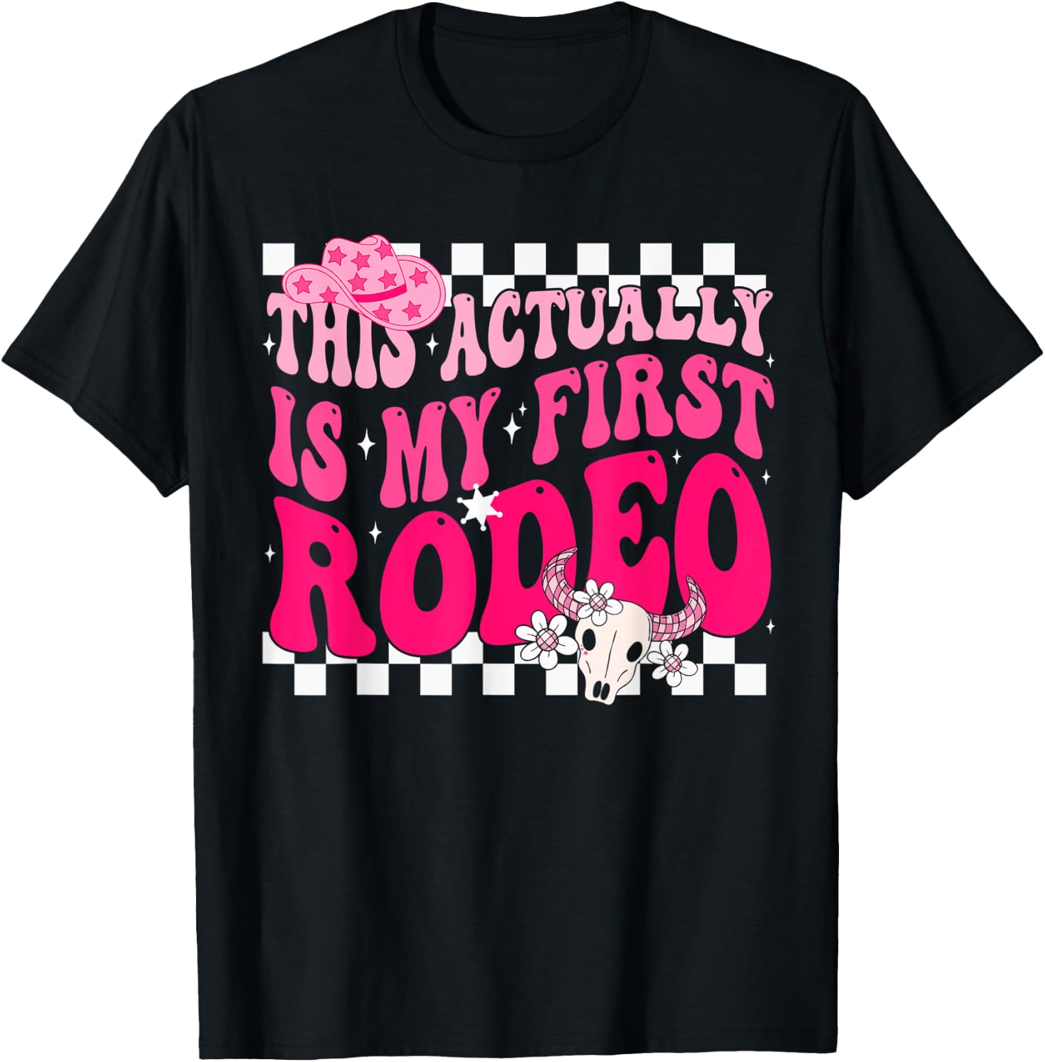 This Actually Is My First Rodeo Funny Cowgirl Groovy Western T-Shirt - T-Shirt | Black