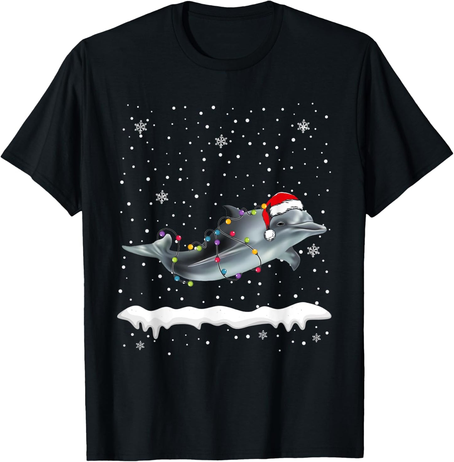 Funny Santa Dolphin Christmas Lights Animals Lover T-Shirt - T-Shirt | Black