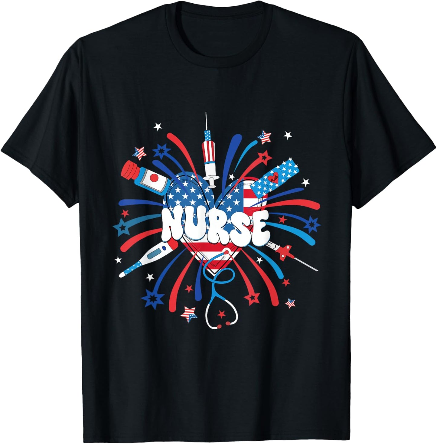 Firework 4th of July Nurse Independence Day Girly Nurse Icu T-Shirt - T-Shirt | Black