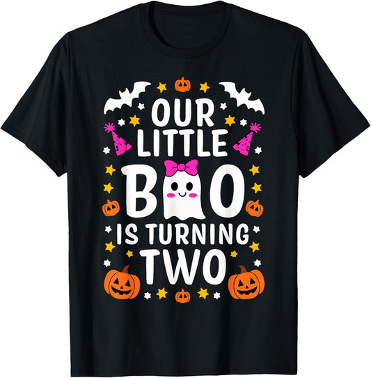 Our Little Boo Is Turning Two Yr 2nd Birthday Girl Halloween T-Shirt - T-Shirt | Black