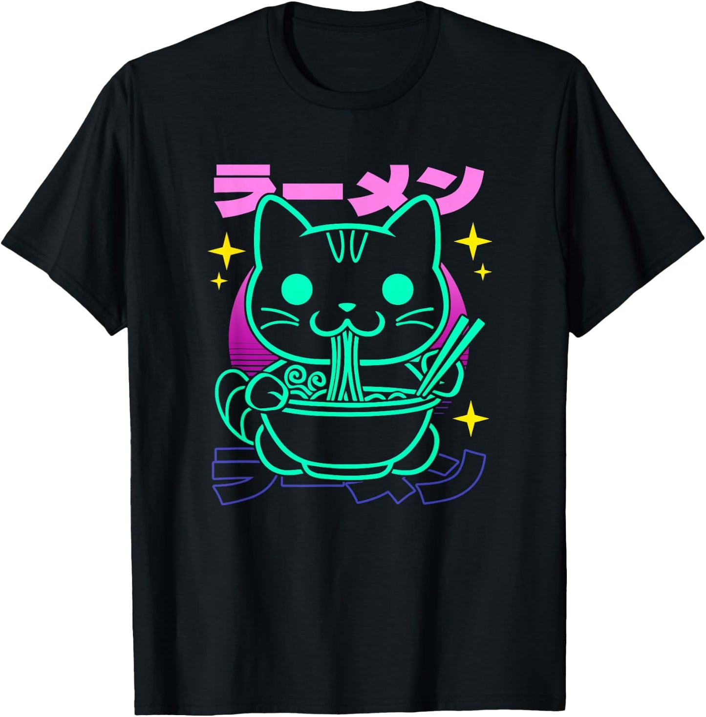 Retro Kawaii Ramen Cat T-Shirt - T-Shirt | Black