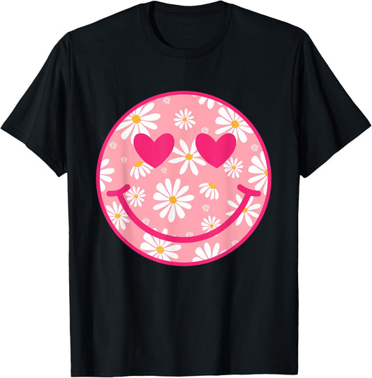 Retro Pink Happy Face Checkered Pattern Smile Face Trendy T-Shirt - T-Shirt | Black