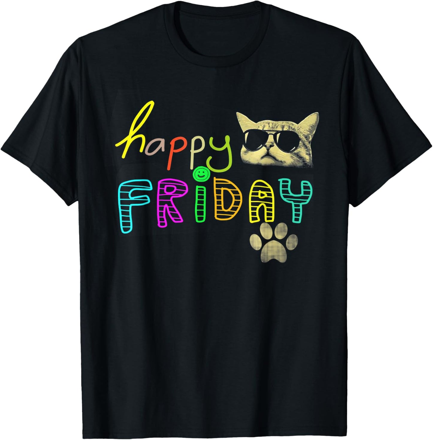 Funny cat lovers Happy Friday Cute Rainbow Graphic Women Kids T-Shirt - T-Shirt | Black