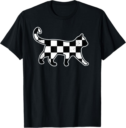 Checkered Cat Retro Race Car Flag Cat Owner Boys Kids T-Shirt - T-Shirt | Black