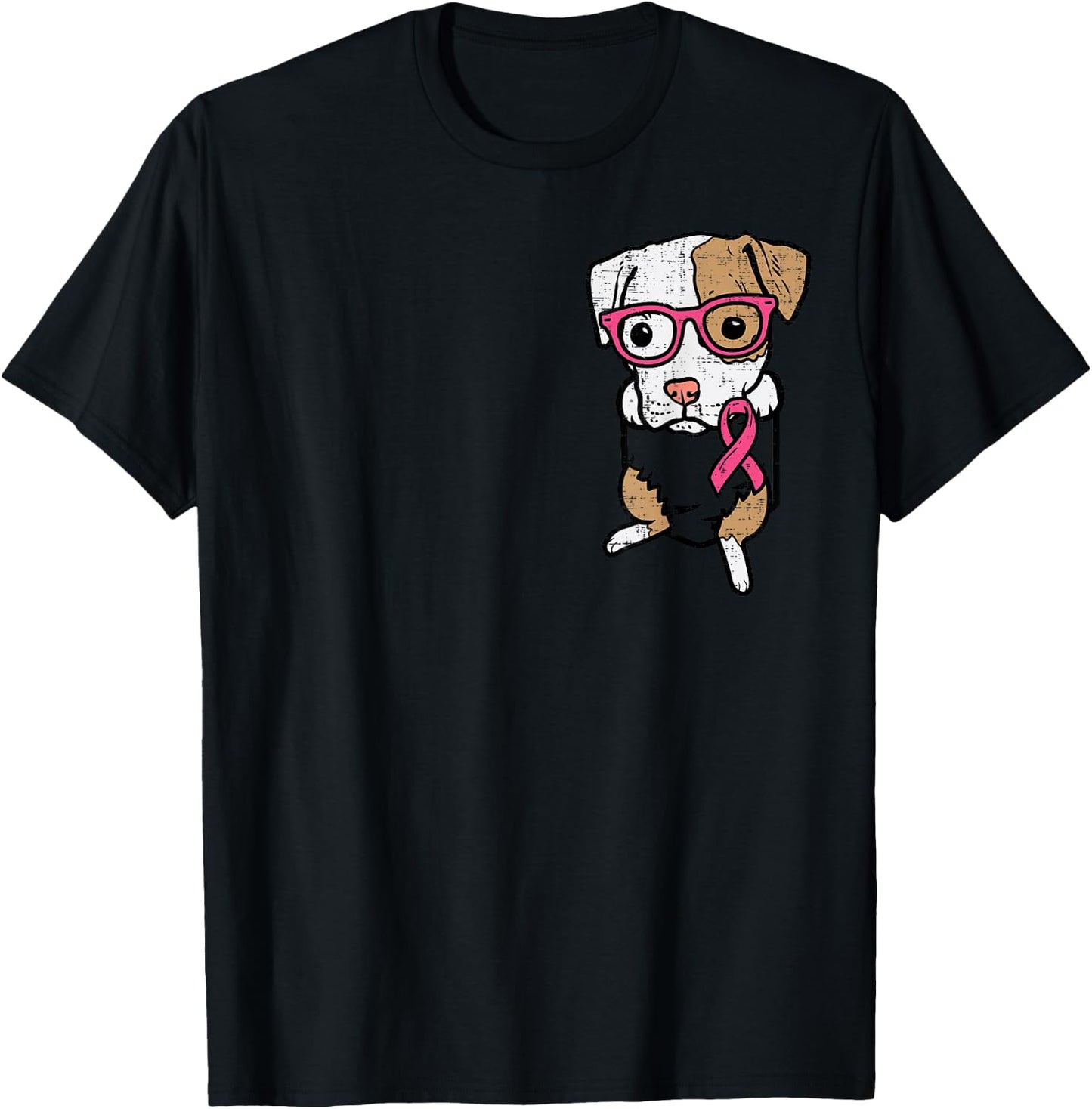 Pocket Pitbull Dog Pink Ribbon Breast Cancer Awareness Dog T-Shirt - T-Shirt | Black