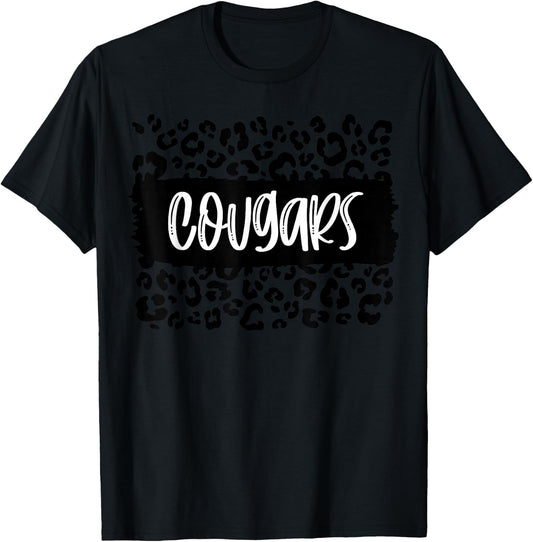 Cougars Team Mascot School Spirit Game Night Leopard Print T-Shirt - T-Shirt | Black