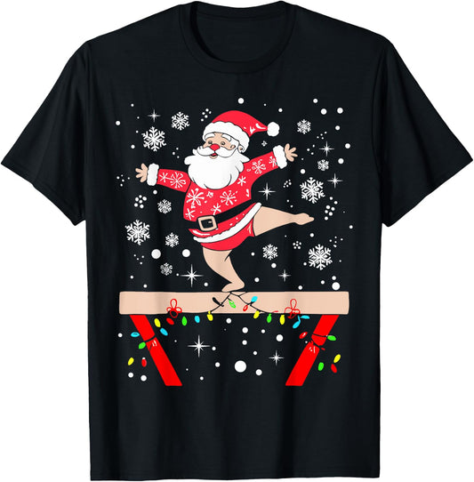 Funny Gymnast Xmas Lights Santa Gymnastics Christmas T-Shirt - T-Shirt | Black