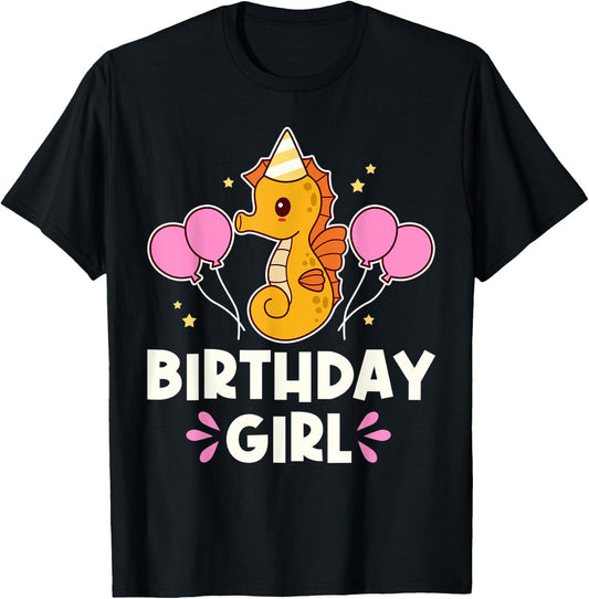 Cute Seahorse Birthday Girl Graphic T-Shirt - T-Shirt | Black