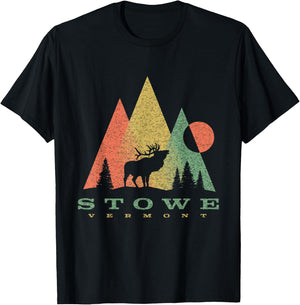 Vintage Geometric Mountains Deer Stowe Vermont Vacation T-Shirt - T-Shirt | Black