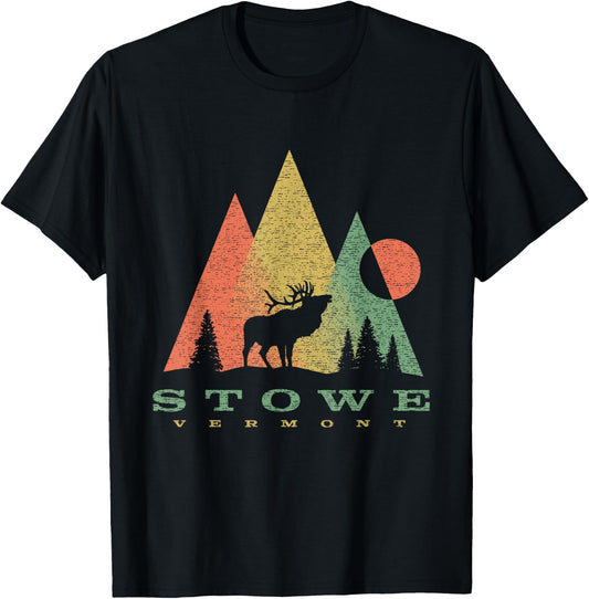 Vintage Geometric Mountains Deer Stowe Vermont Vacation T-Shirt - T-Shirt | Black