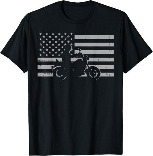 Motorcycle US Flag Biker Motorbike Men Women Kids Teen Youth T-Shirt - T-Shirt | Black