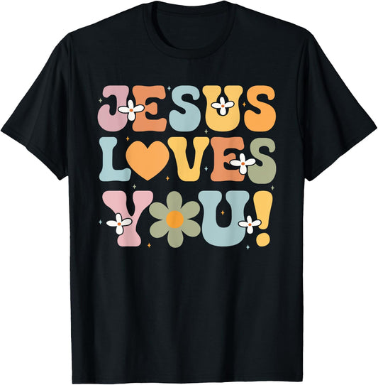 Cute Jesus Loves You Groovy Christian Kid Girl Women Vintage T-Shirt - T-Shirt | Black