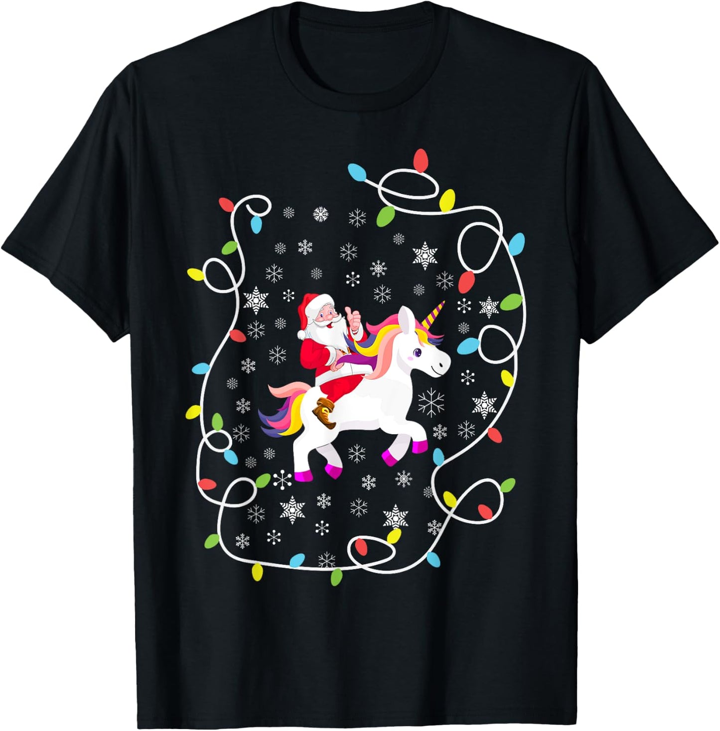 Santa Riding Unicorn Christmas Lights Merry Christmas Tree T-Shirt - T-Shirt | Black
