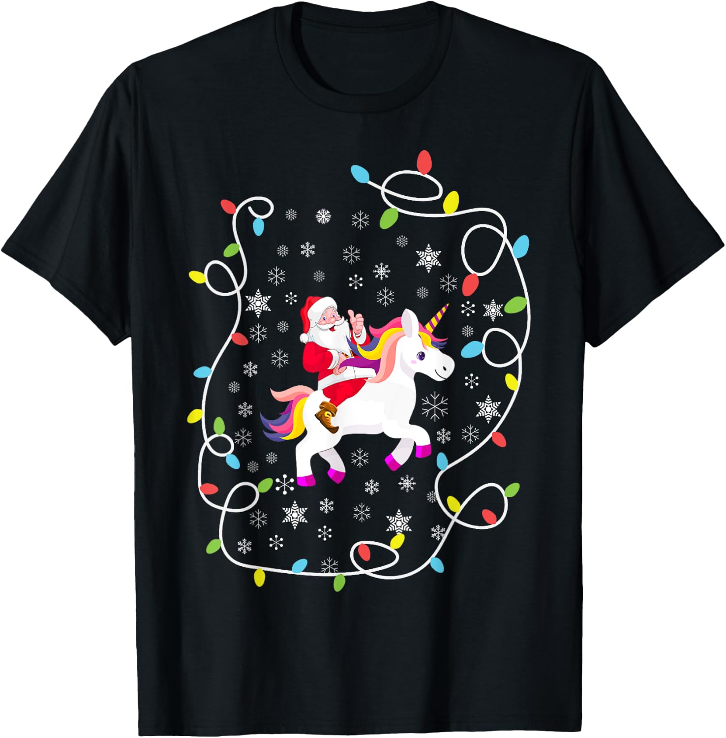 Santa Riding Unicorn Christmas Lights Merry Christmas Tree T-Shirt - T-Shirt | Black