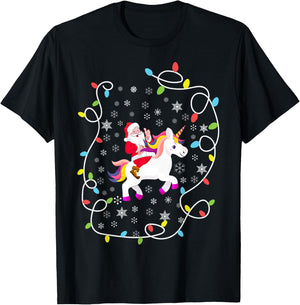 Santa Riding Unicorn Christmas Lights Merry Christmas Tree T-Shirt - T-Shirt | Black