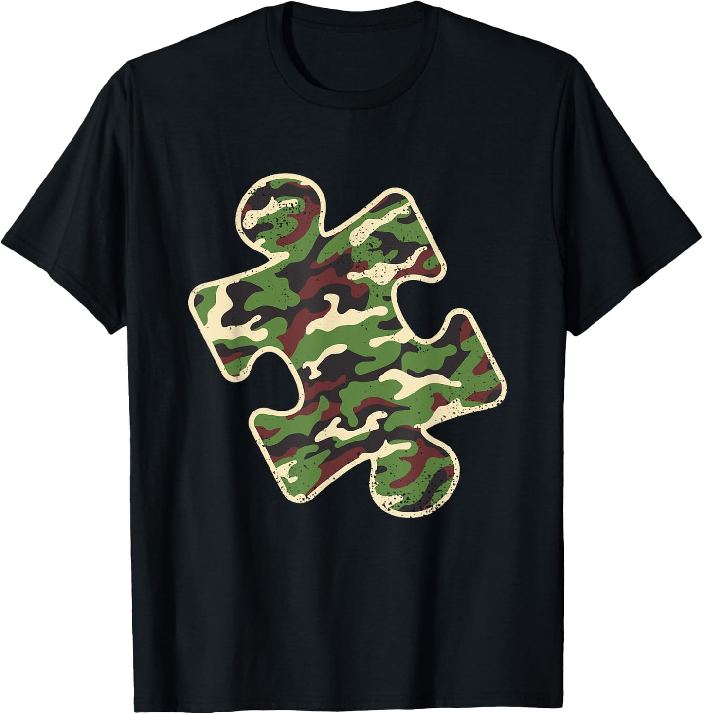 Autism Awareness Camo Puzzle Piece Vintage Camoflauge T-Shirt - T-Shirt | Black