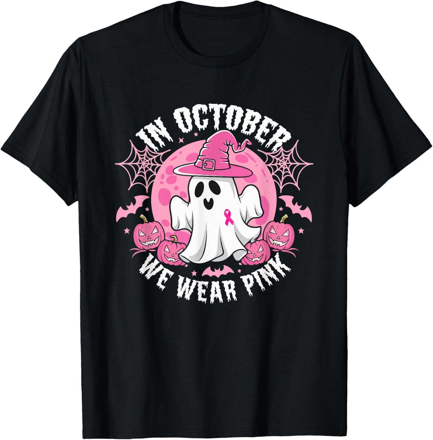In October We Wear Pink Ribbon Ghost Witch Hat Halloween T-Shirt - T-Shirt | Black