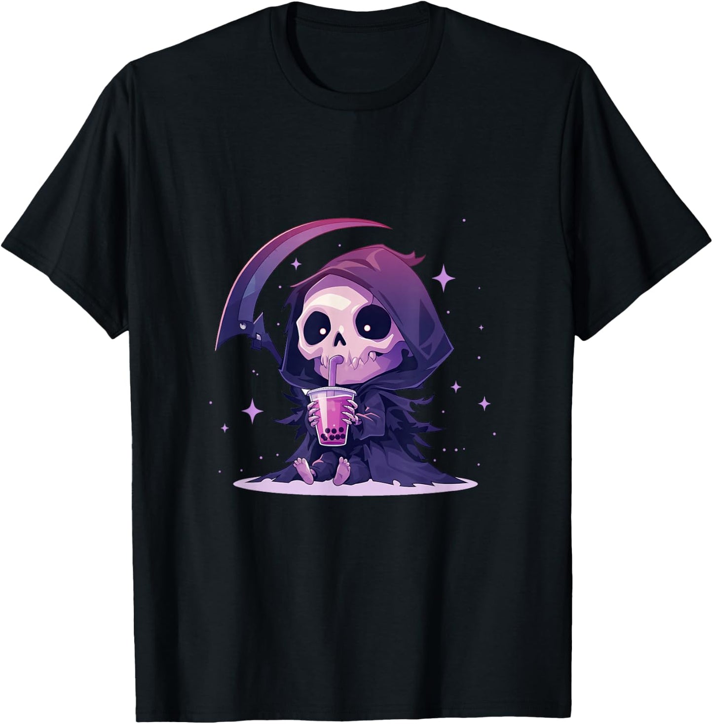 Chibi Grim Reaper Drinking Boba Tea T-Shirt - T-Shirt | Black