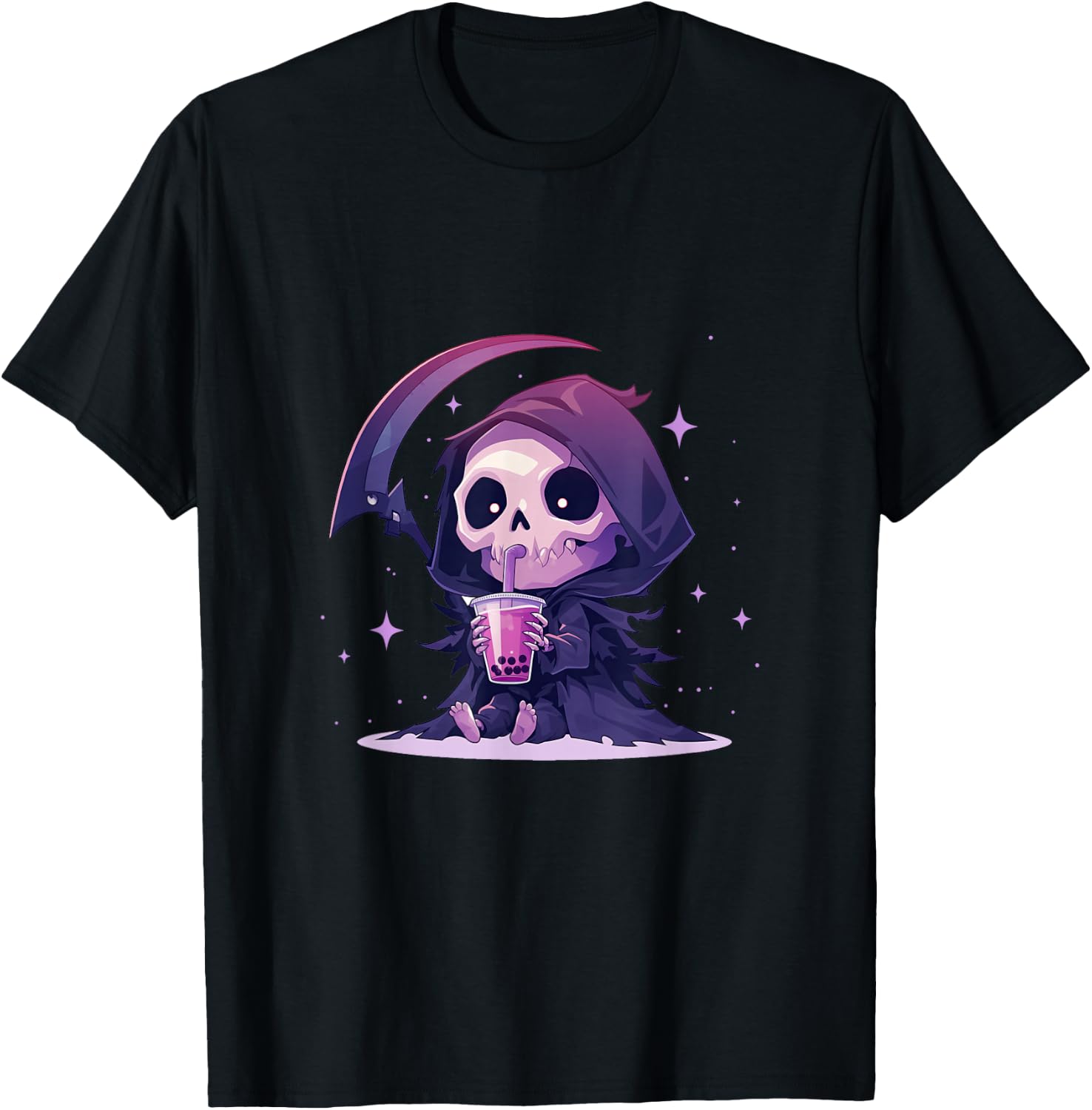 Chibi Grim Reaper Drinking Boba Tea T-Shirt - T-Shirt | Black