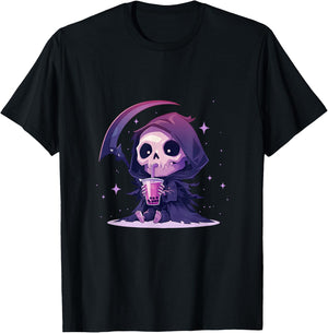 Chibi Grim Reaper Drinking Boba Tea T-Shirt - T-Shirt | Black