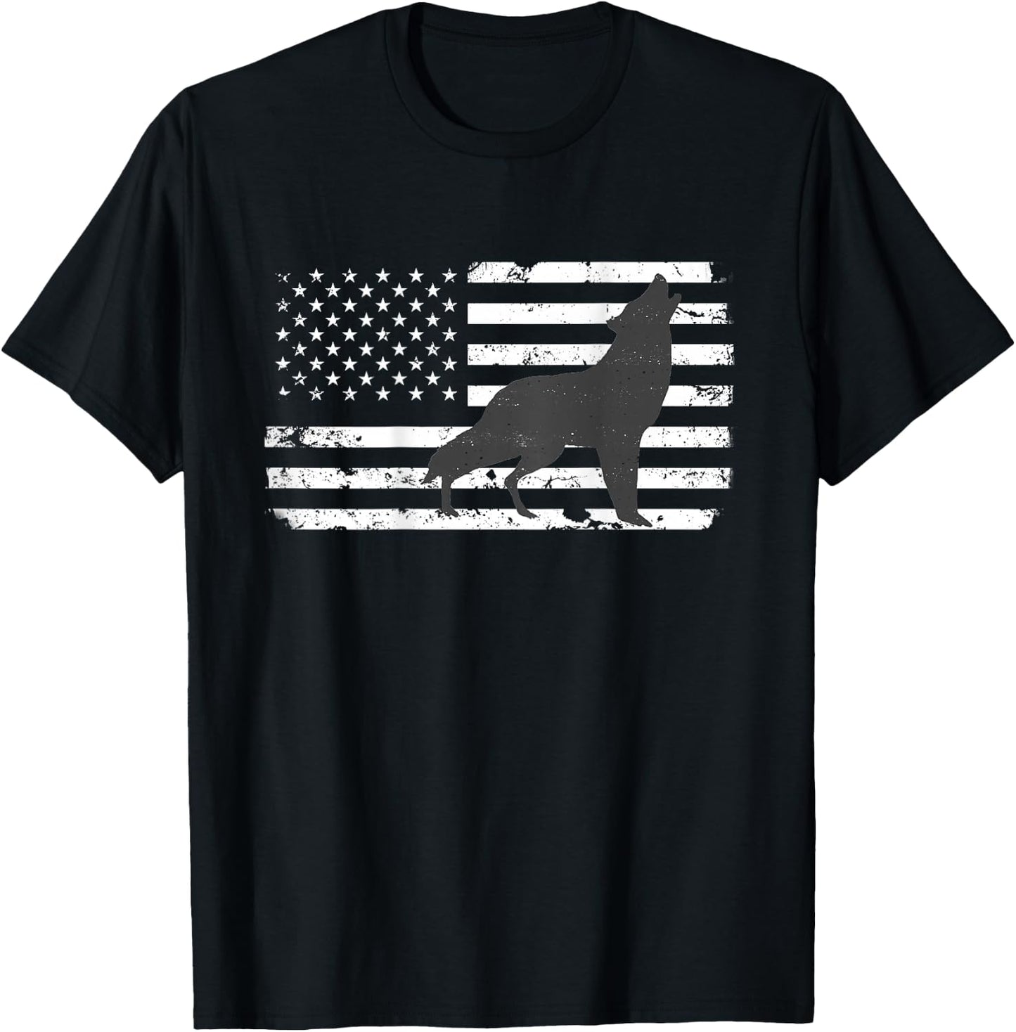 Gray Lone Wolf Distressed American Flag BACK PRINT T-Shirt - T-Shirt | Black