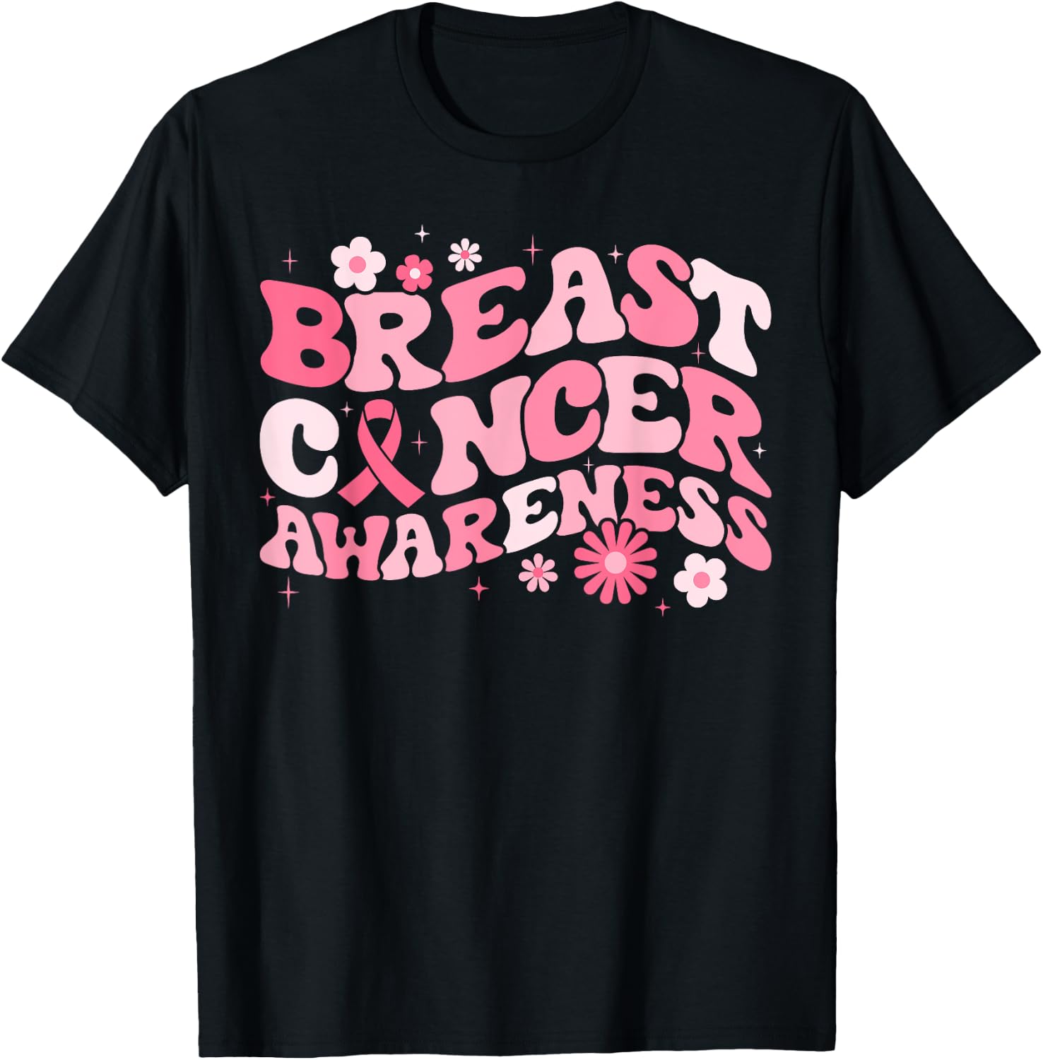 Groovy Breast Cancer Awareness Pink Ribbon Women Warrior T-Shirt - T-Shirt | Black