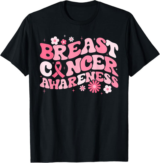Groovy Breast Cancer Awareness Pink Ribbon Women Warrior T-Shirt - T-Shirt | Black
