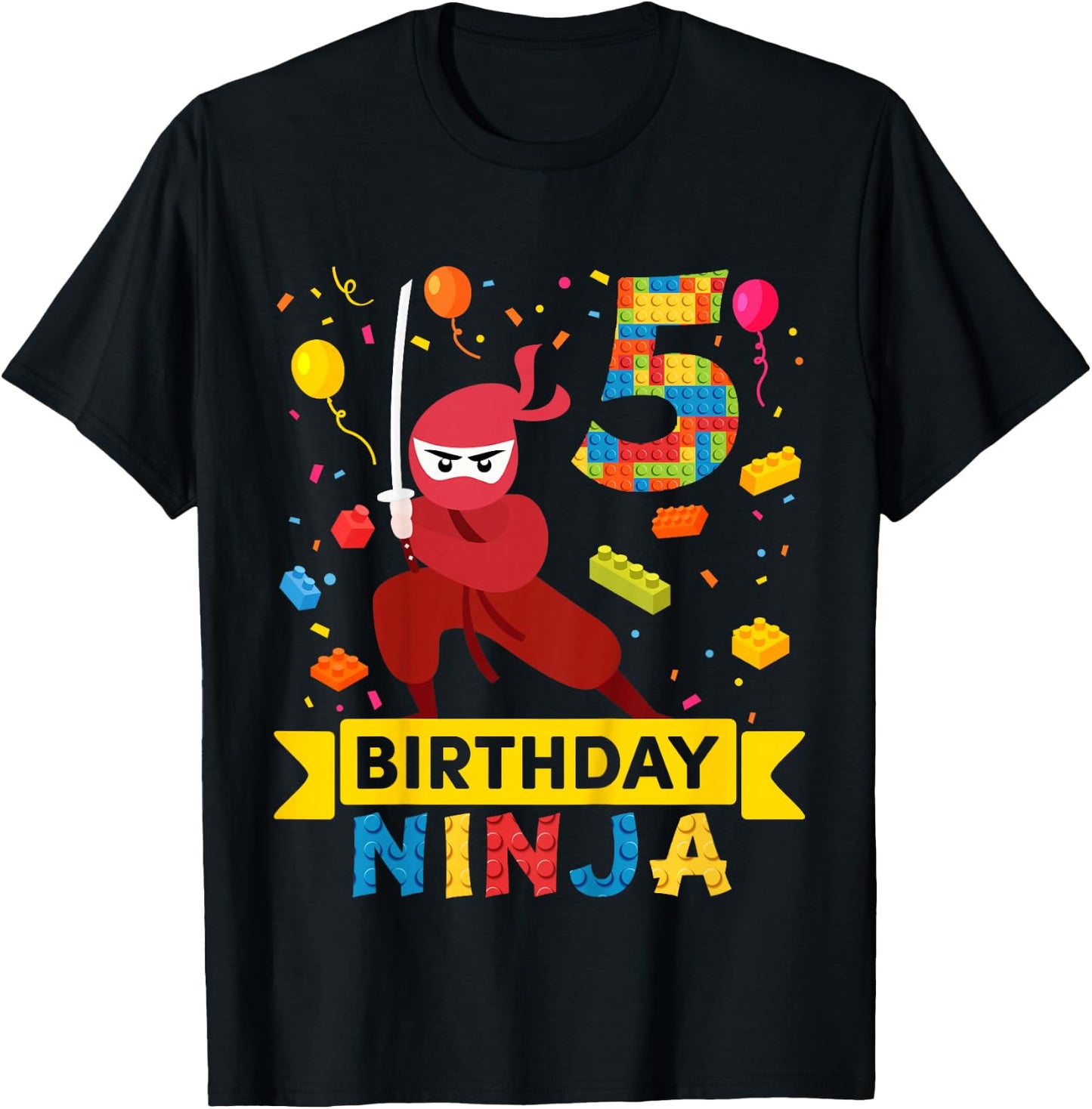Kids 5 Year Old Building Blocks Ninja 5th Birthday Boy T-Shirt - T-Shirt | Black