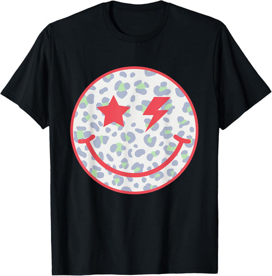 Retro Happy Face Leopard Checkered Pattern Smile Face Trendy T-Shirt - T-Shirt | Black