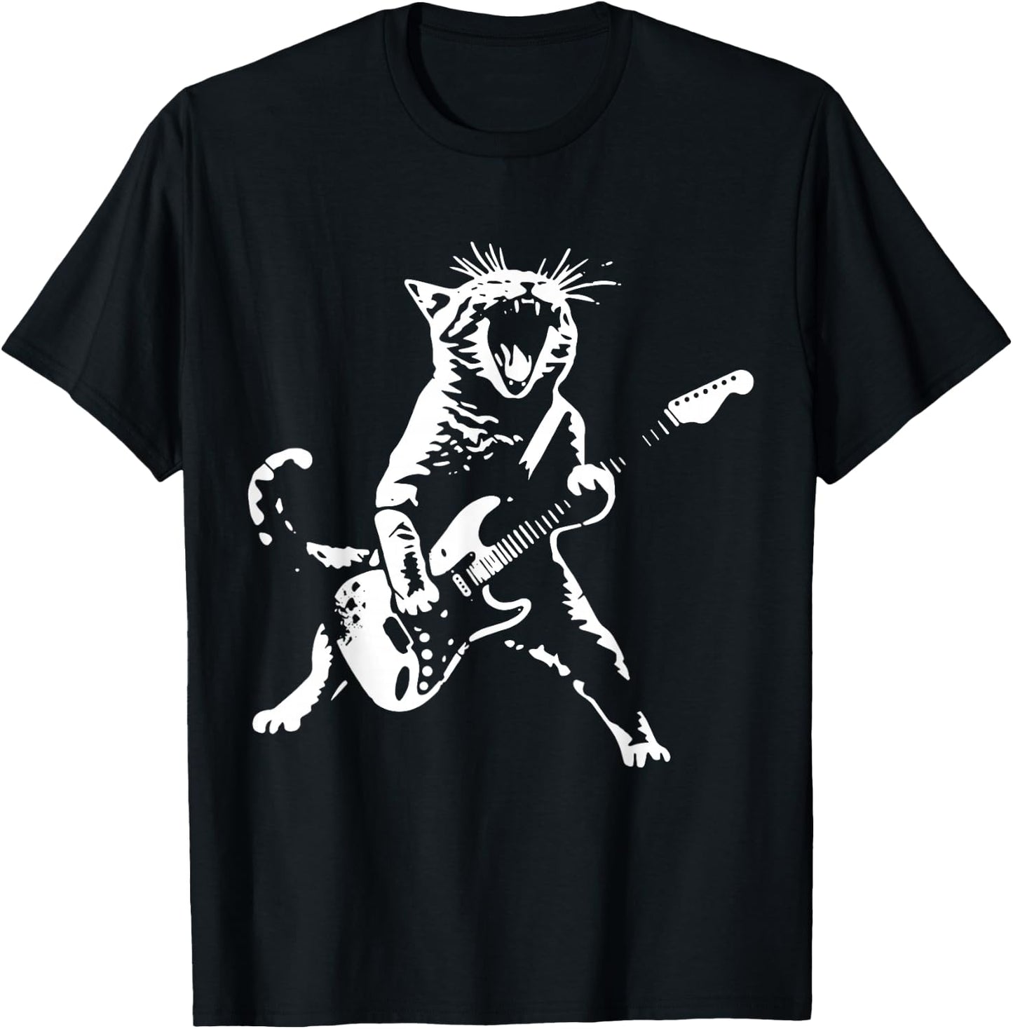 Rock Cat Playing Guitar - Funny Guitar Cat T-Shirt - T-Shirt | Black